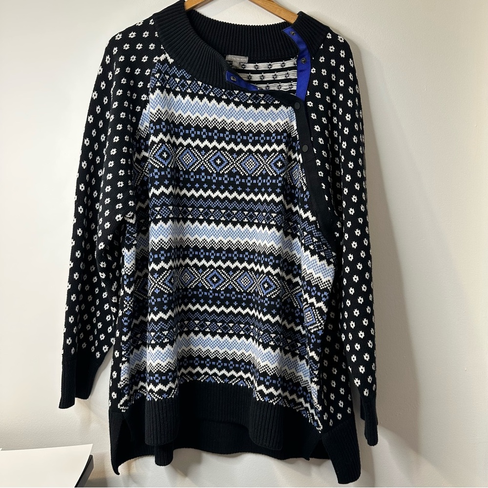 New Talbots snap button mockneck sweater black, white, blue Fair Isle pattern 3X